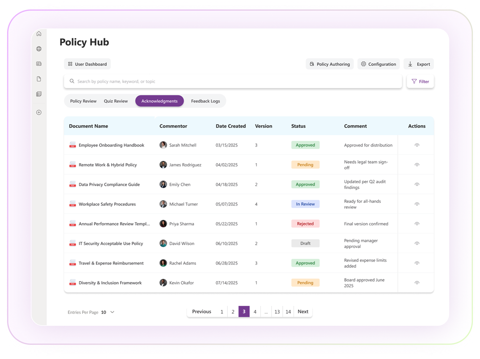 Policy Hub dashboard showing document review, approval status, and version tracking