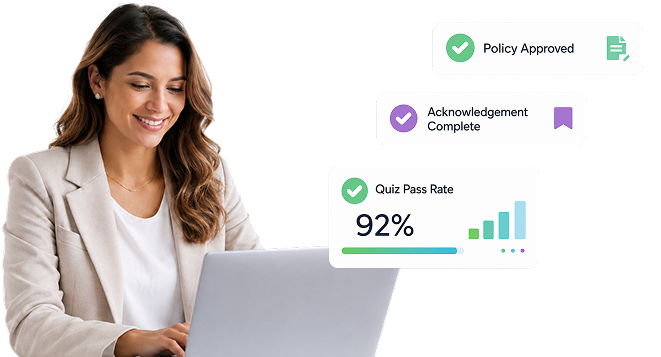 Woman using a laptop with policy approval status cards