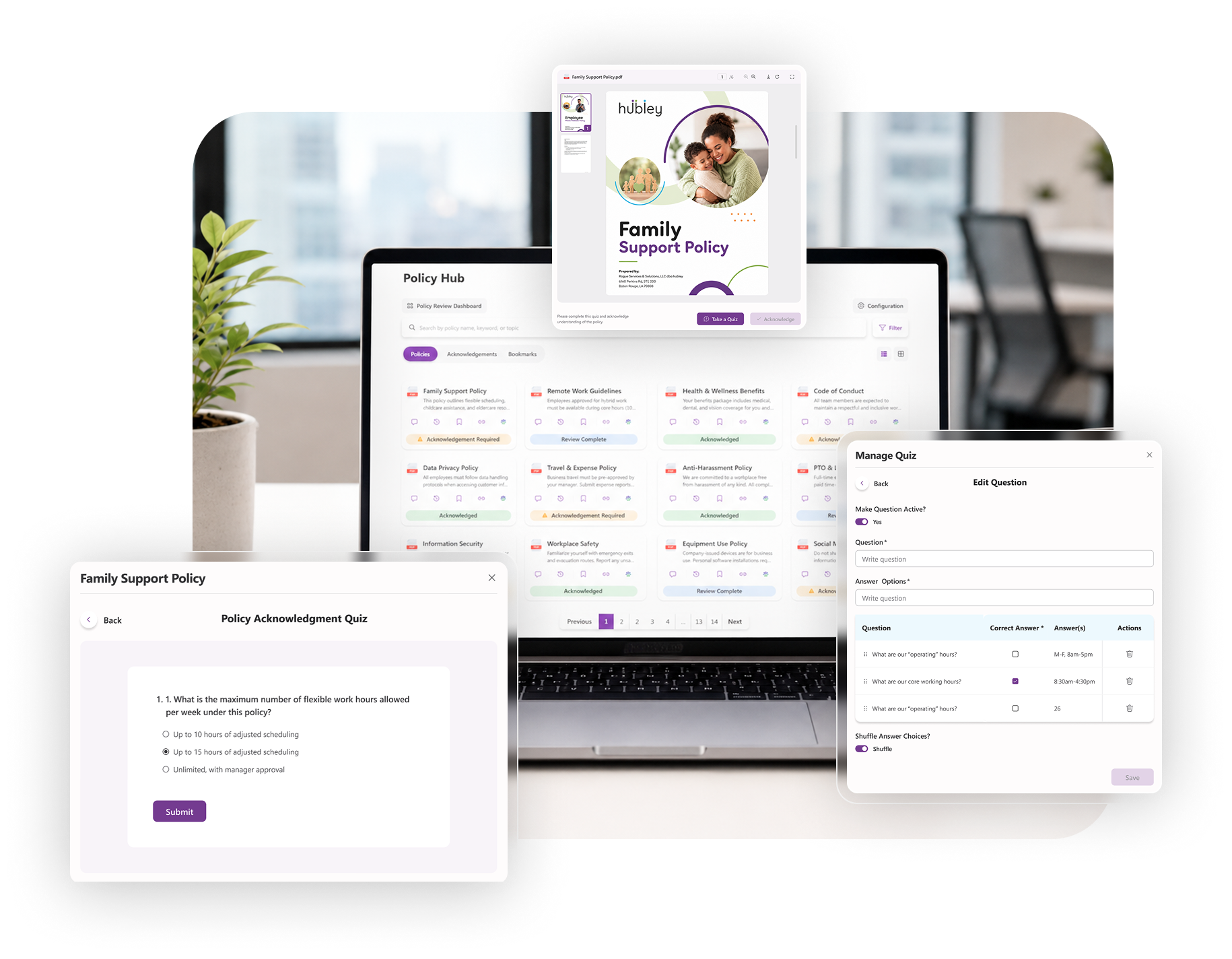 Policy Hub dashboard showing policy management, quizzes, and acknowledgements