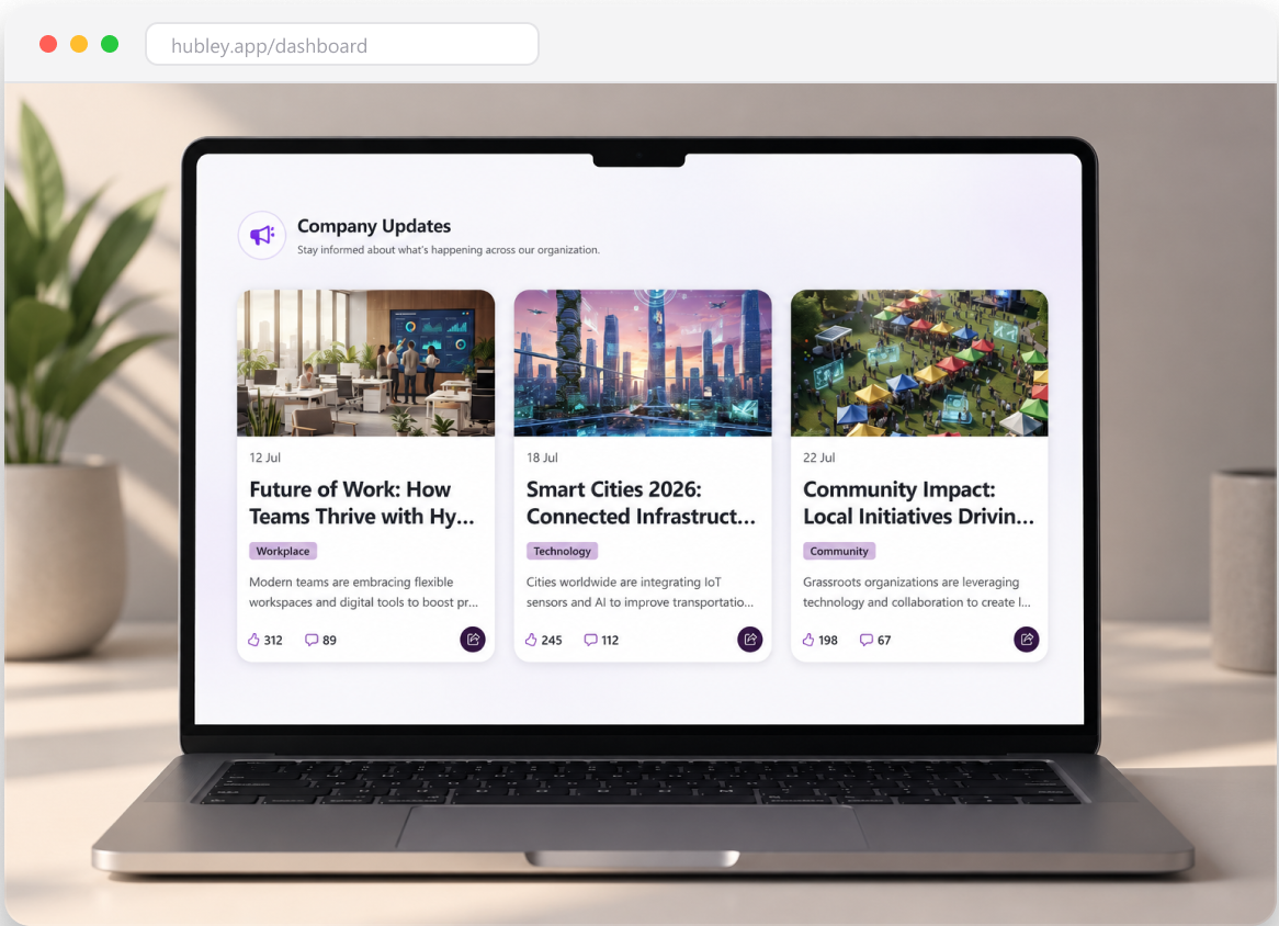 NewsHub dashboard showing company updates in a browser window