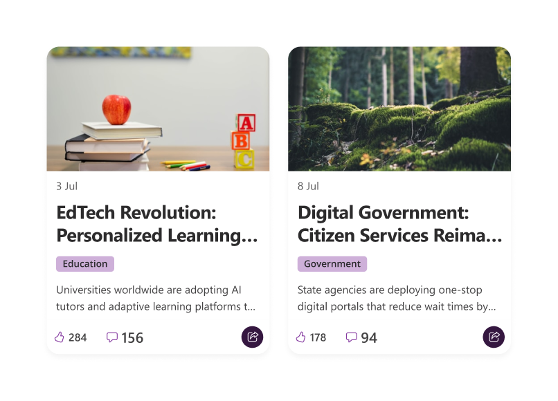 NewsHub news cards showing internal and external article previews