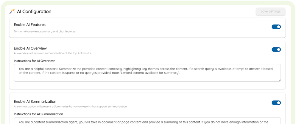 AI configuration settings with toggle controls