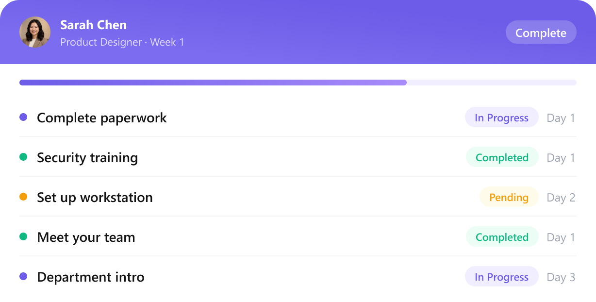 Onboarding task checklist for Sarah Chen