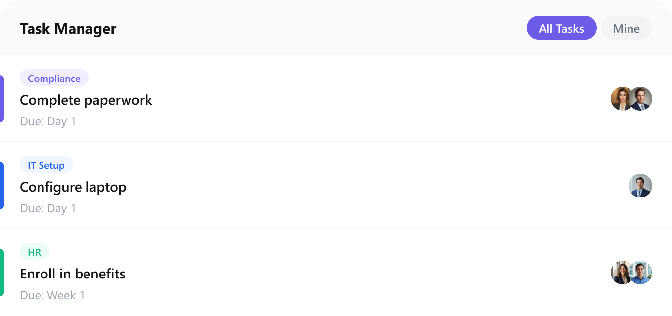 Task Manager showing onboarding tasks by category