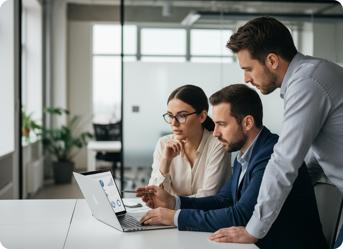 Team members collaborating around a laptop in a modern office