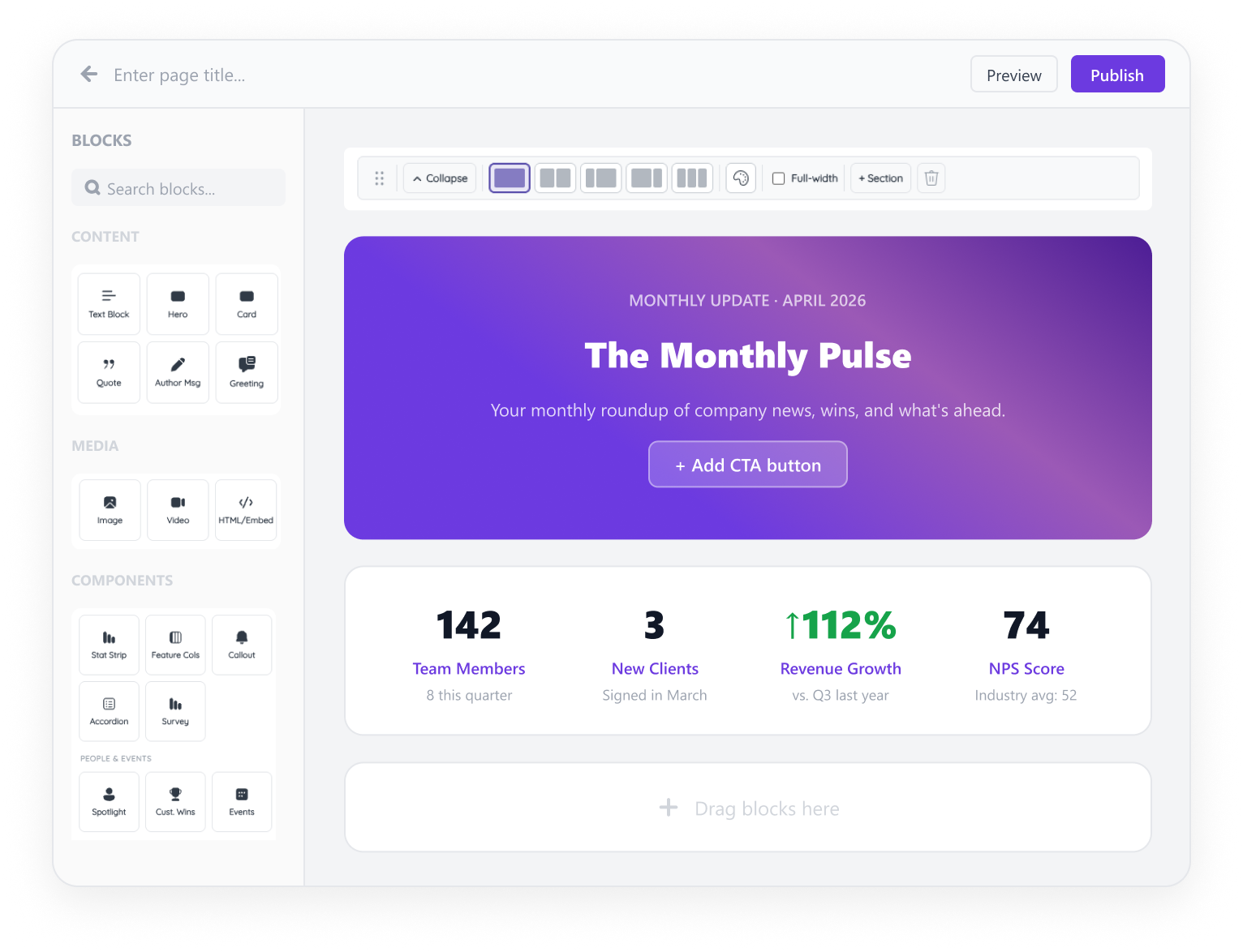 Page builder interface showing drag-and-drop blocks and a news page preview