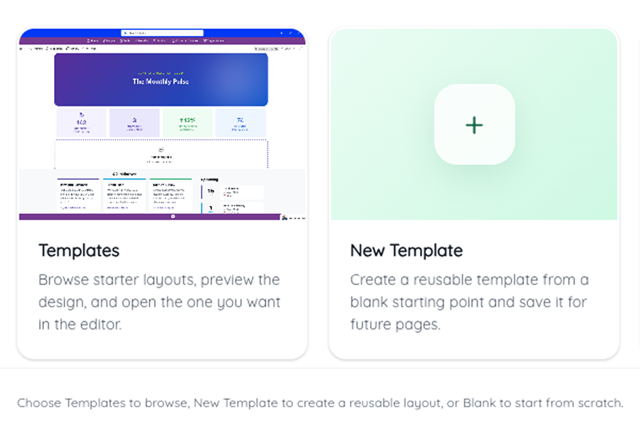 NewsHub templates interface showing template browser and new template option