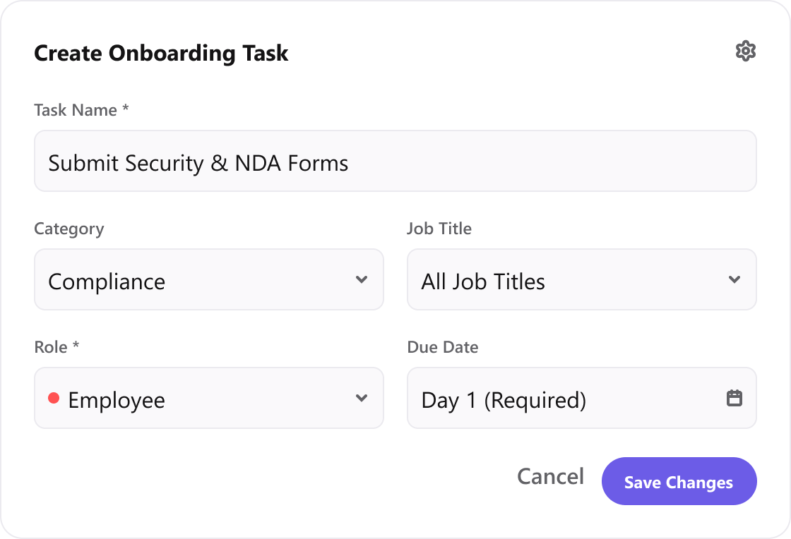 Create Onboarding Task form