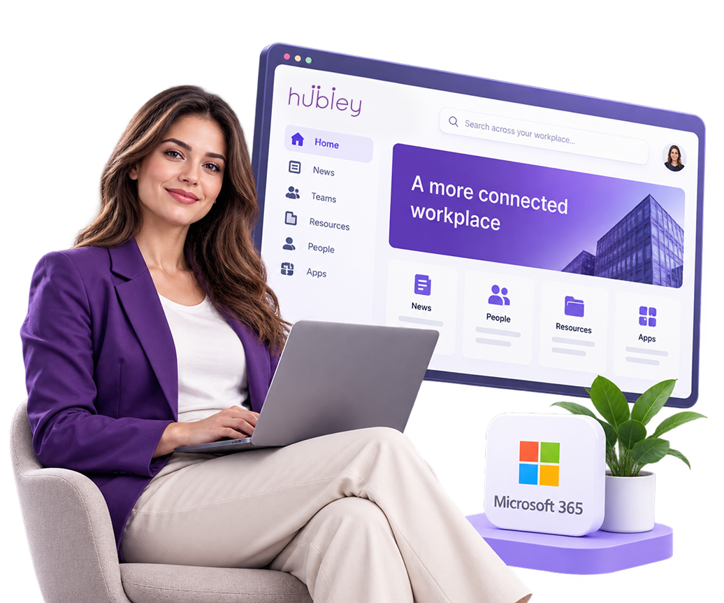 Woman using hubley on a laptop with a connected workplace dashboard, Microsoft 365 icon, and plant