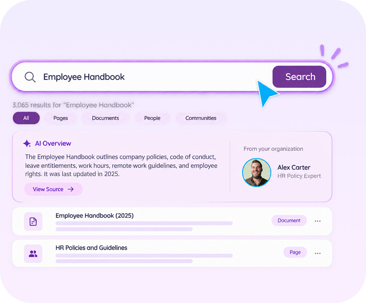 Search Hub interface showing employee handbook search results