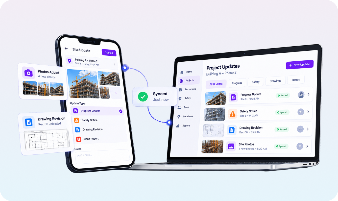 Site updates captured on a phone syncing instantly to project updates on the office laptop