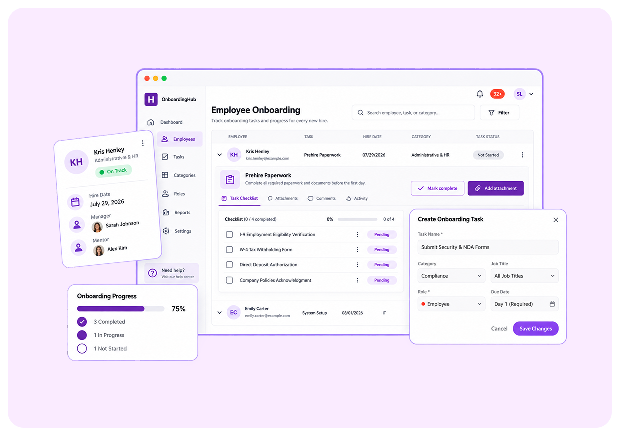 OnboardingHub new-hire lifecycle interface