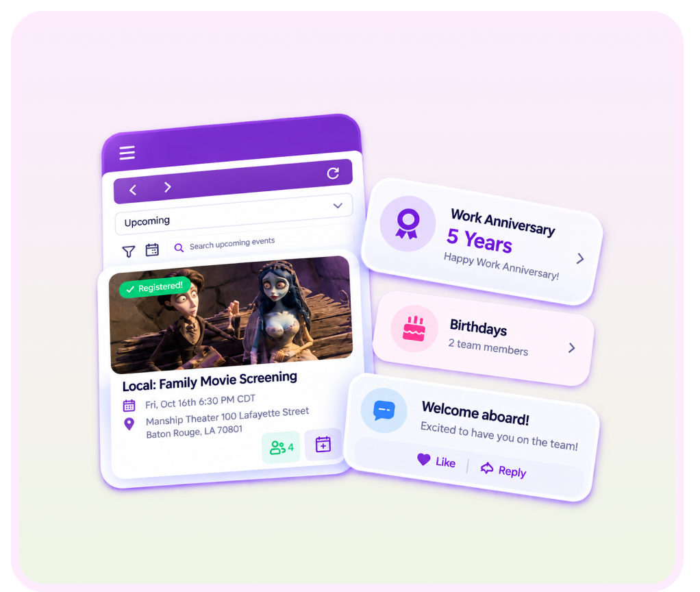 Employee app showing upcoming events, work anniversaries, birthdays and new hire welcome posts