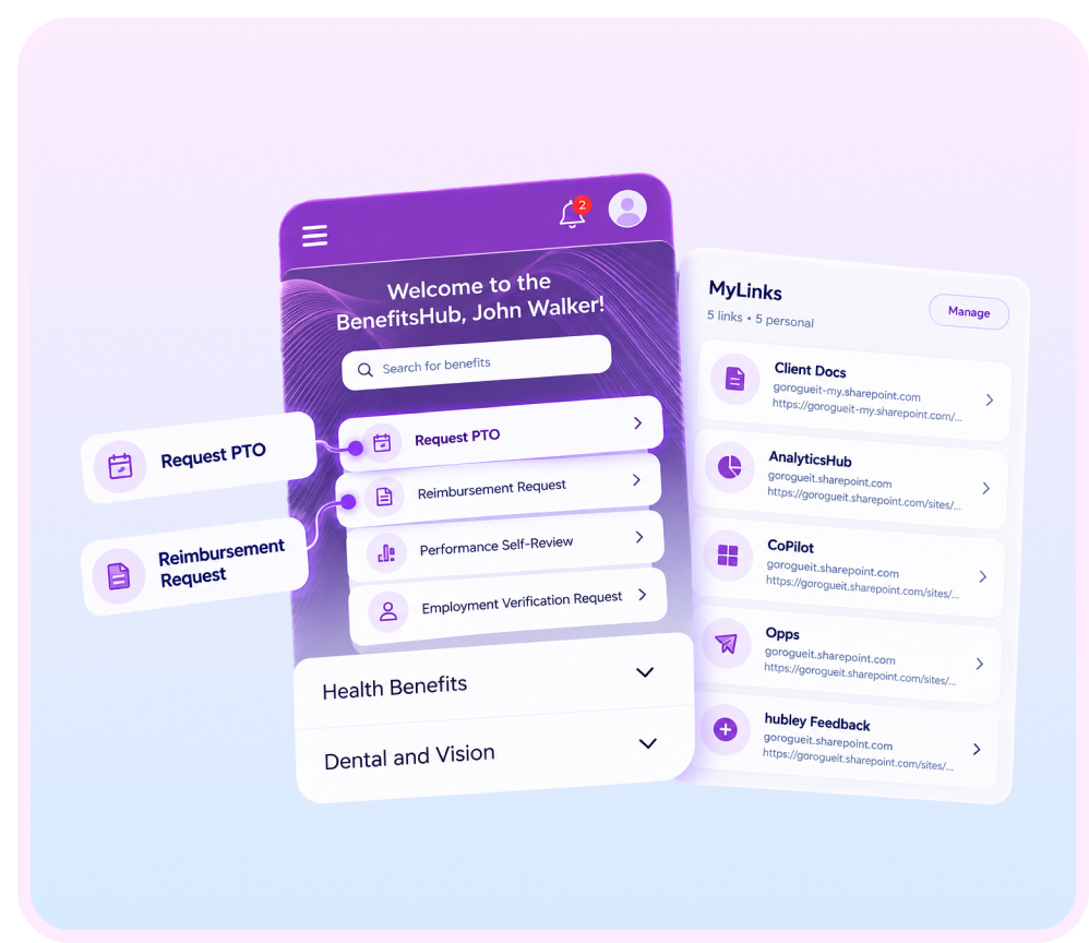 Employee app showing BenefitsHub requests and a MyLinks list of workplace tools