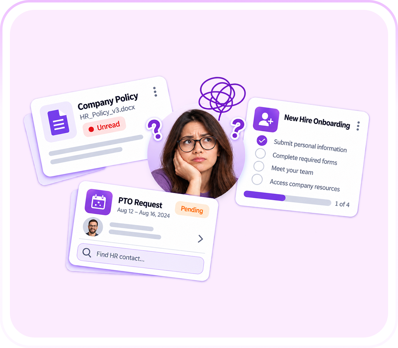 HR onboarding and PTO request cards preview