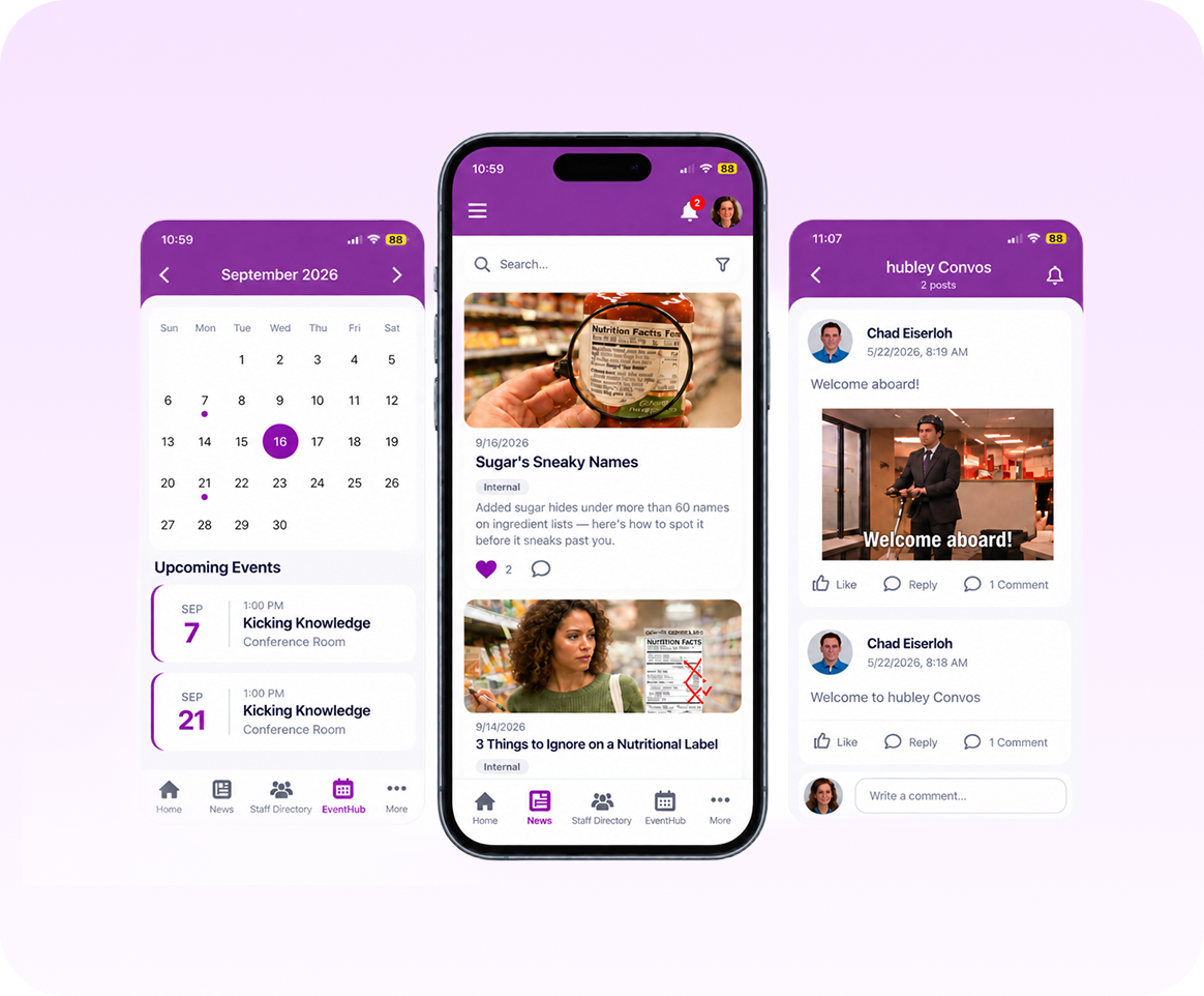 EventHub app screens showing an event calendar, company news feed and team posts