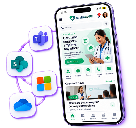 Employee app on a phone connected to Teams, SharePoint, Microsoft 365 and OneDrive