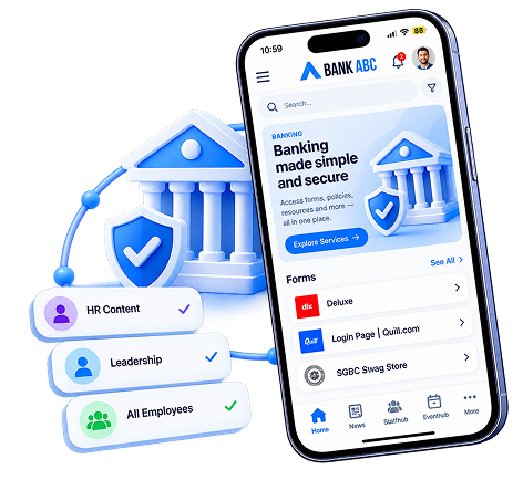 Employee app with role-based content permissions and a security shield