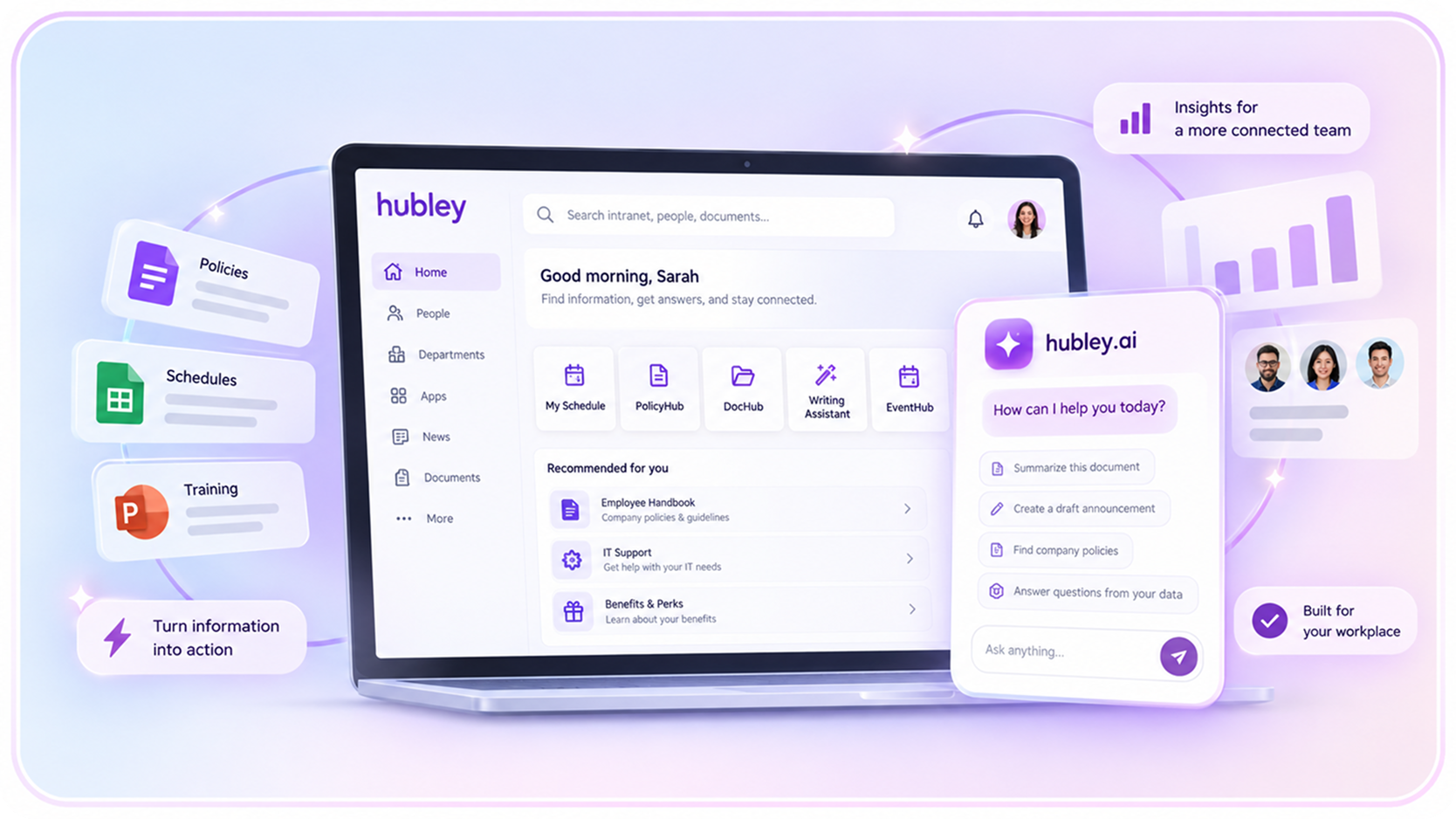 hubley.ai interface showing AI-generated answers, recommendations, and reports