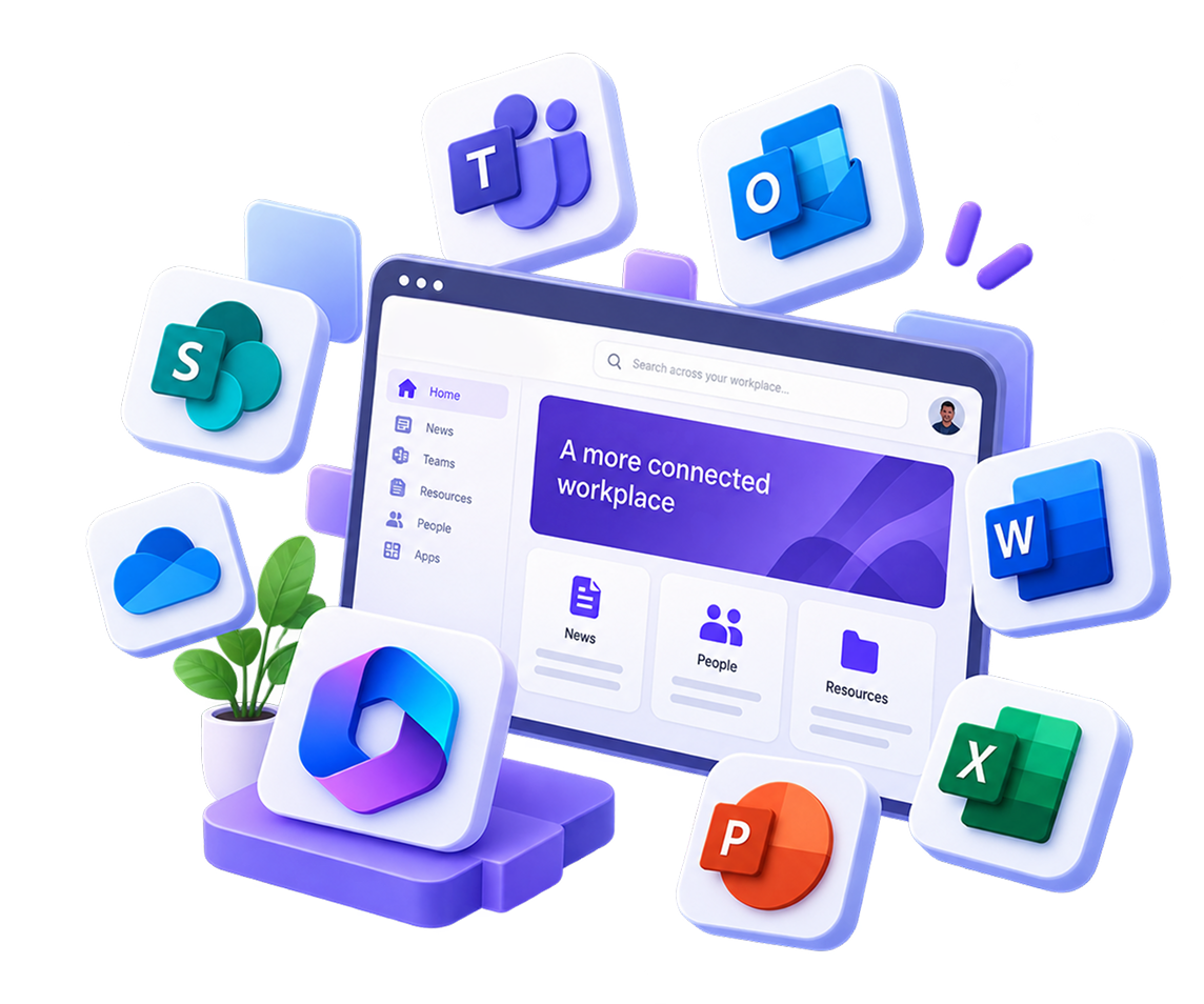 hubley Microsoft 365 interface surrounded by Teams, Outlook, SharePoint, OneDrive, Word, Excel, and PowerPoint icons