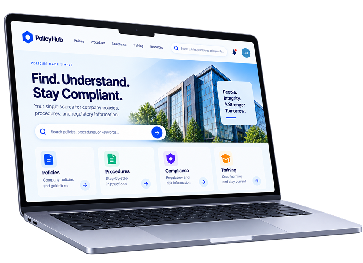 PolicyHub dashboard showing policies, procedures, compliance, and training