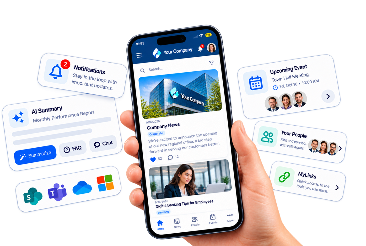 Hubley employee app on a phone showing company news, events, people and AI summary