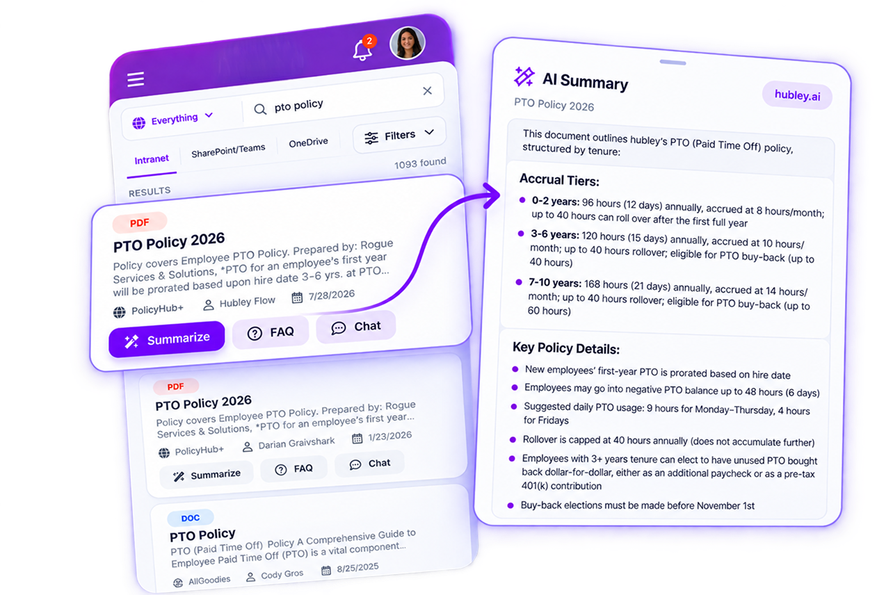 hubley employee app showing AI search results and an AI summary of a document