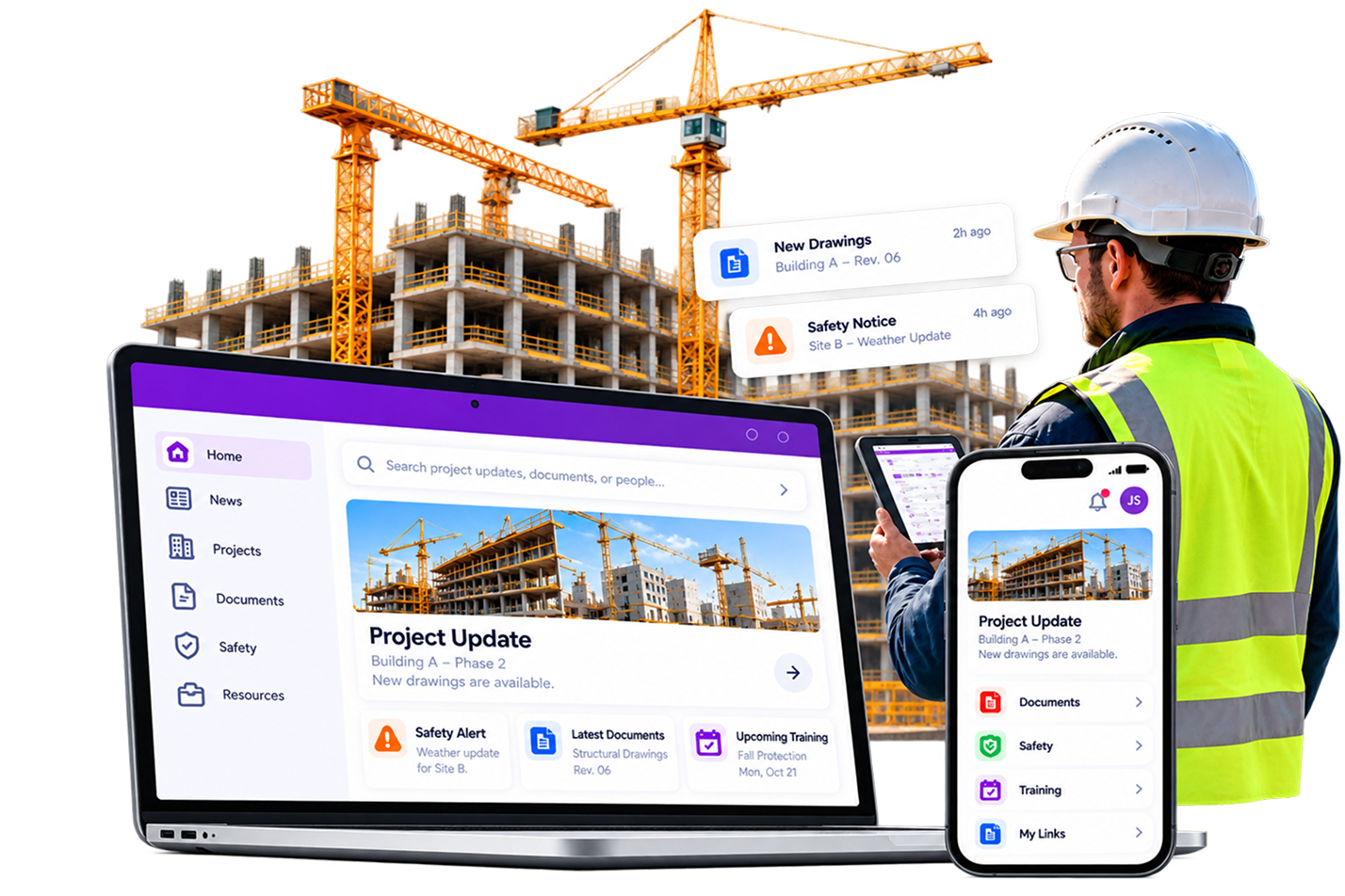 Construction site engineer with the hubley intranet on a laptop and phone showing project updates, drawings and safety notices