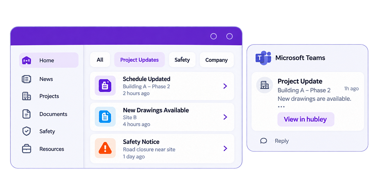 hubley intranet showing project updates, new drawings and a safety notice, shared to Microsoft Teams