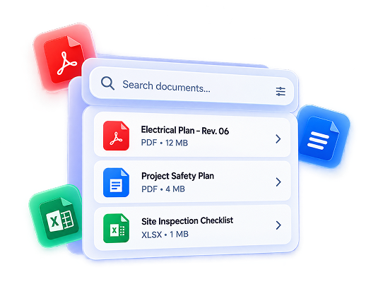 Document search showing electrical plans, a project safety plan and a site inspection checklist