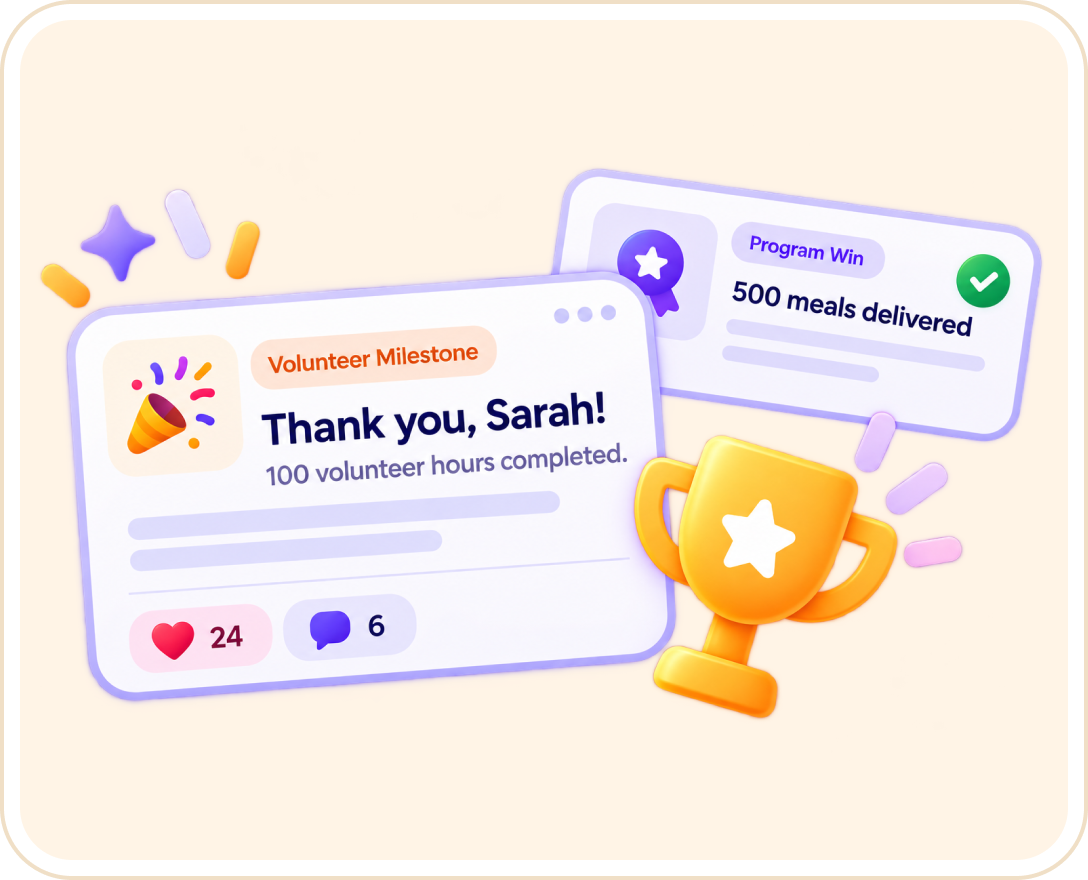 A volunteer milestone shoutout thanking Sarah for 100 volunteer hours, with reactions and comments