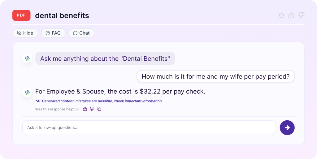 Doc Chat answering a question about dental benefits inside a PDF