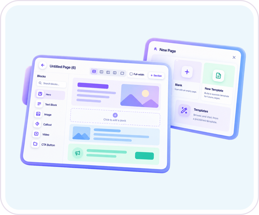 KnowledgeHub page editor with blocks and templates