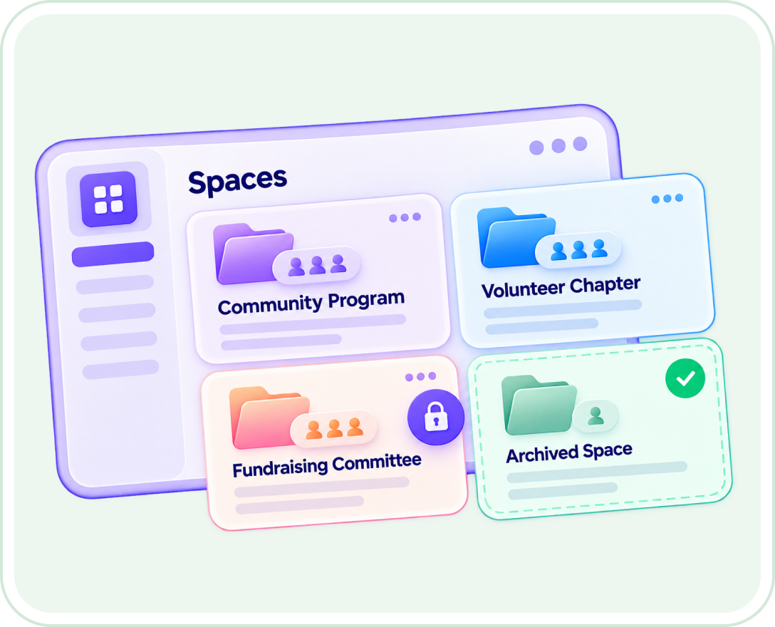 hubley Spaces showing separate spaces for a community program, a volunteer chapter, a fundraising committee and an archived space