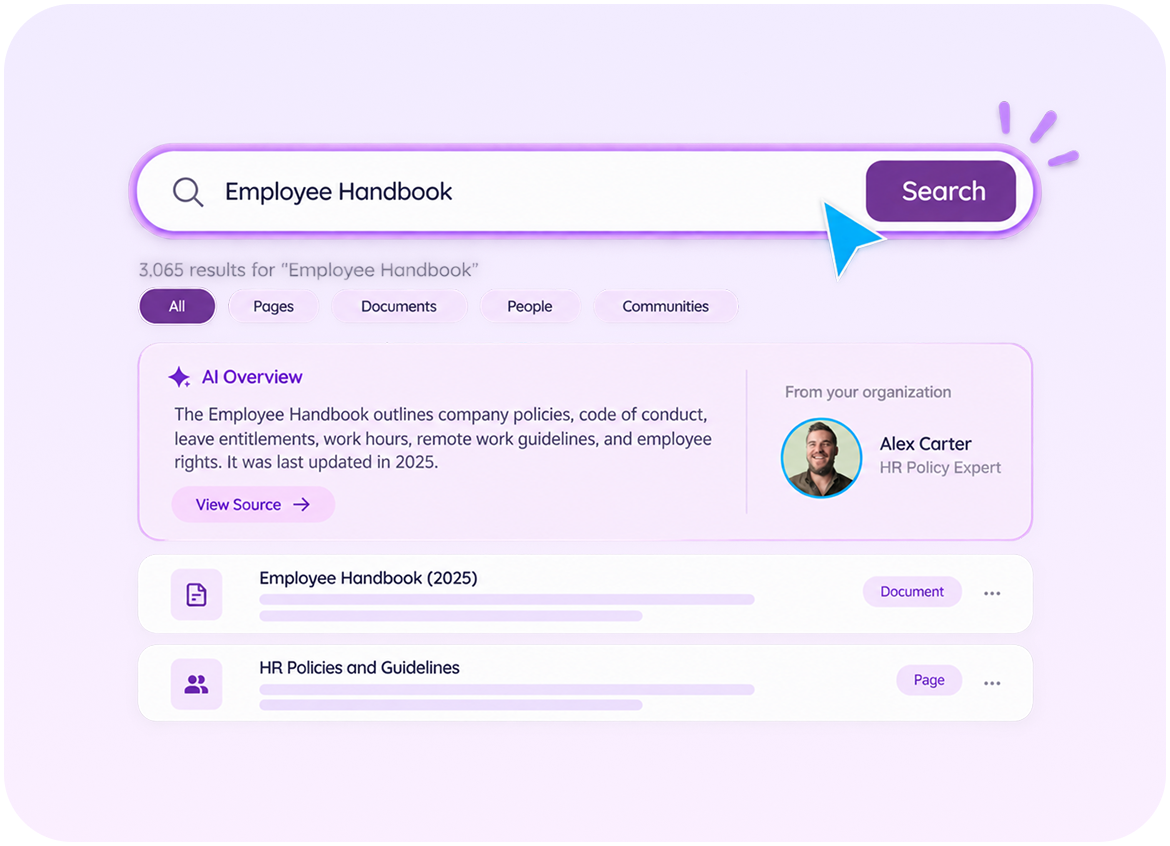 SearchHub.ai search for Employee Handbook with an AI overview and matching documents
