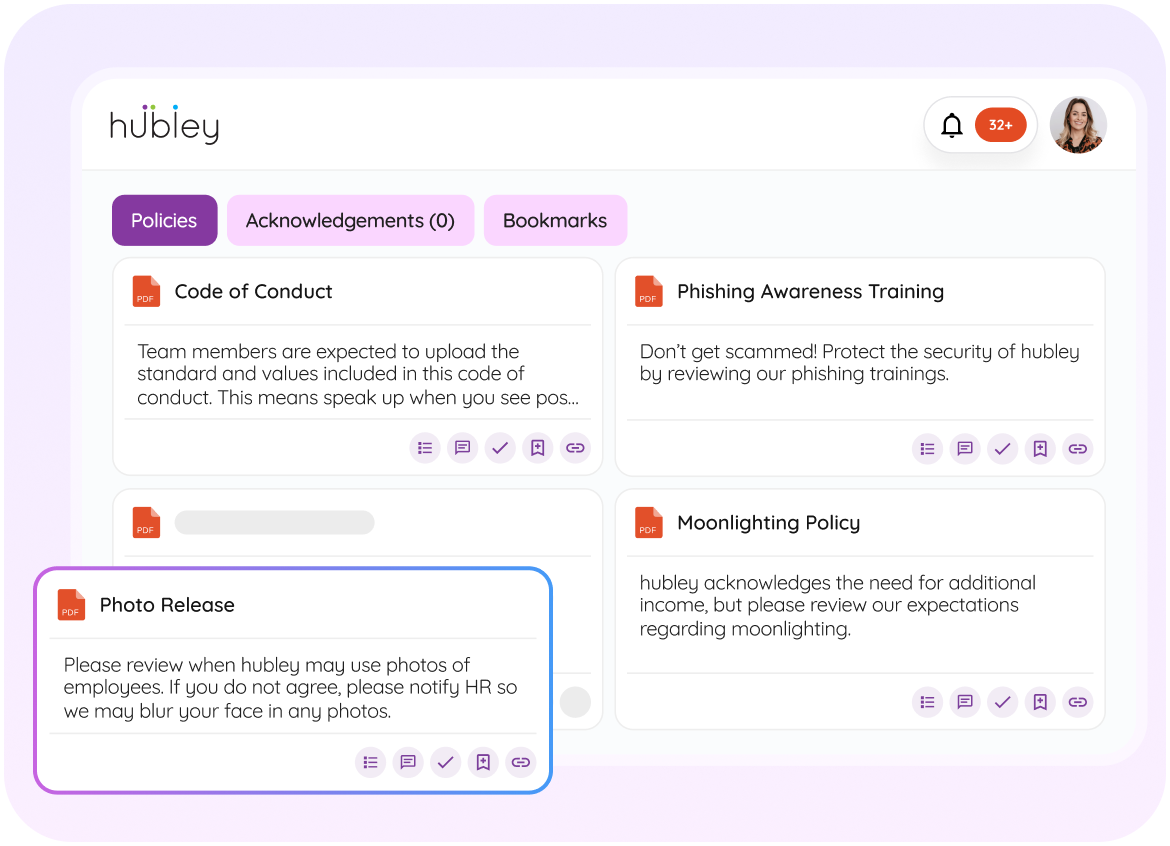 PolicyHub+ workspace showing policies such as Code of Conduct, Phishing Awareness Training and Photo Release