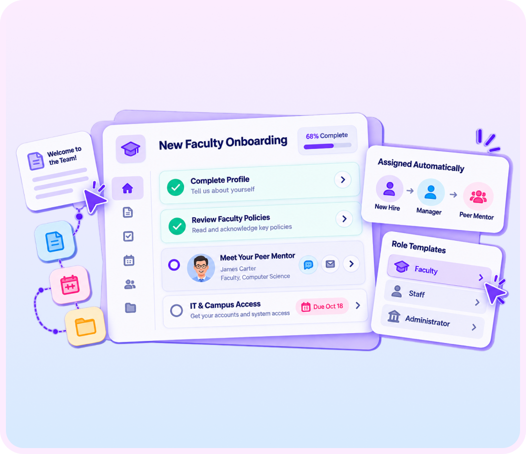 New faculty onboarding checklist with tasks assigned to the new hire, manager and peer mentor
