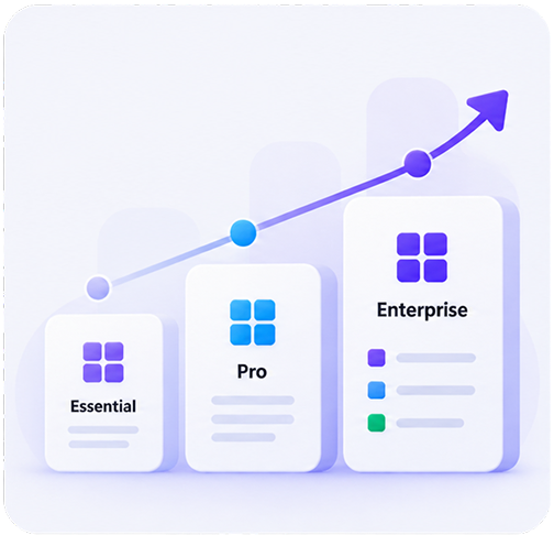 Essential, Pro and Enterprise plans growing along an upward arrow