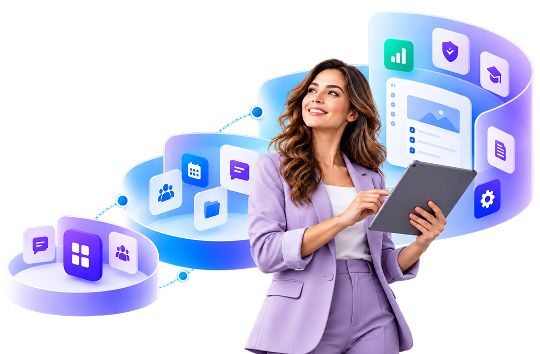 Woman using a tablet beside connected intranet apps and modules