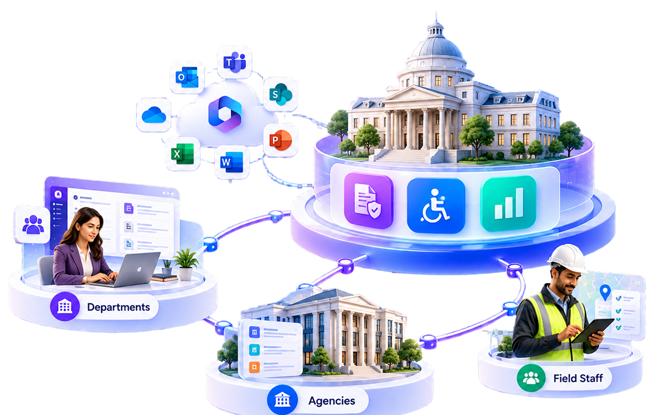 Government building linked to departments, agencies and field staff through the hubley intranet and Microsoft 365 apps