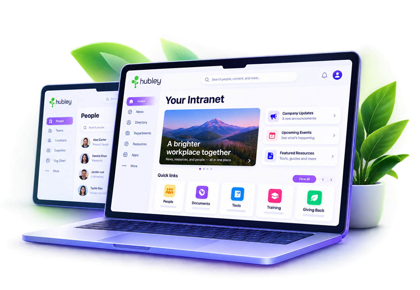 hubley intranet on a laptop, showing company updates, upcoming events and quick links