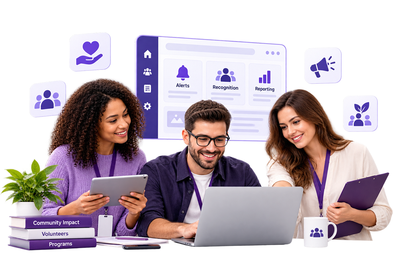 Nonprofit team using the hubley intranet for alerts, recognition and reporting