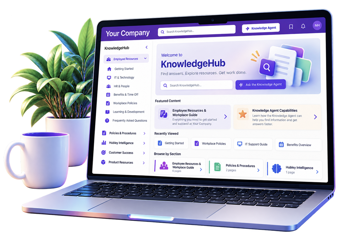 KnowledgeHub intranet dashboard shown on a laptop