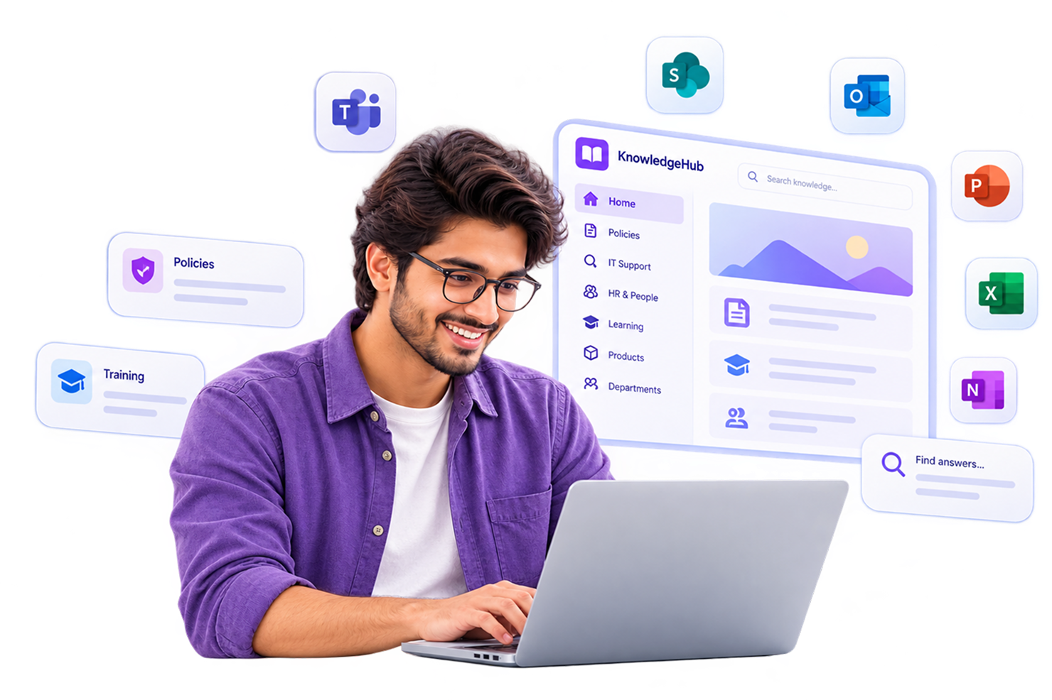 Employee using KnowledgeHub on a laptop, connected to Microsoft 365 apps